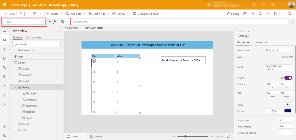 How to Load 2000+ Records in Canvas PowerApps from SharePoint List using collection 8 IMG06 1