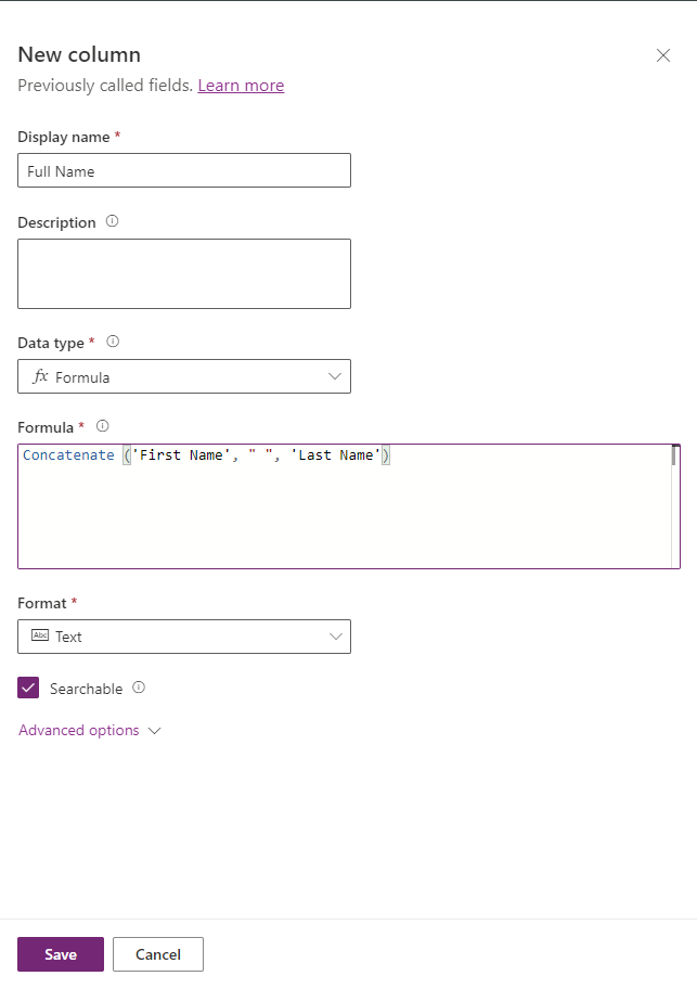 Concatenation multiple columns using formula type column in Microsoft Dataverse 3 02